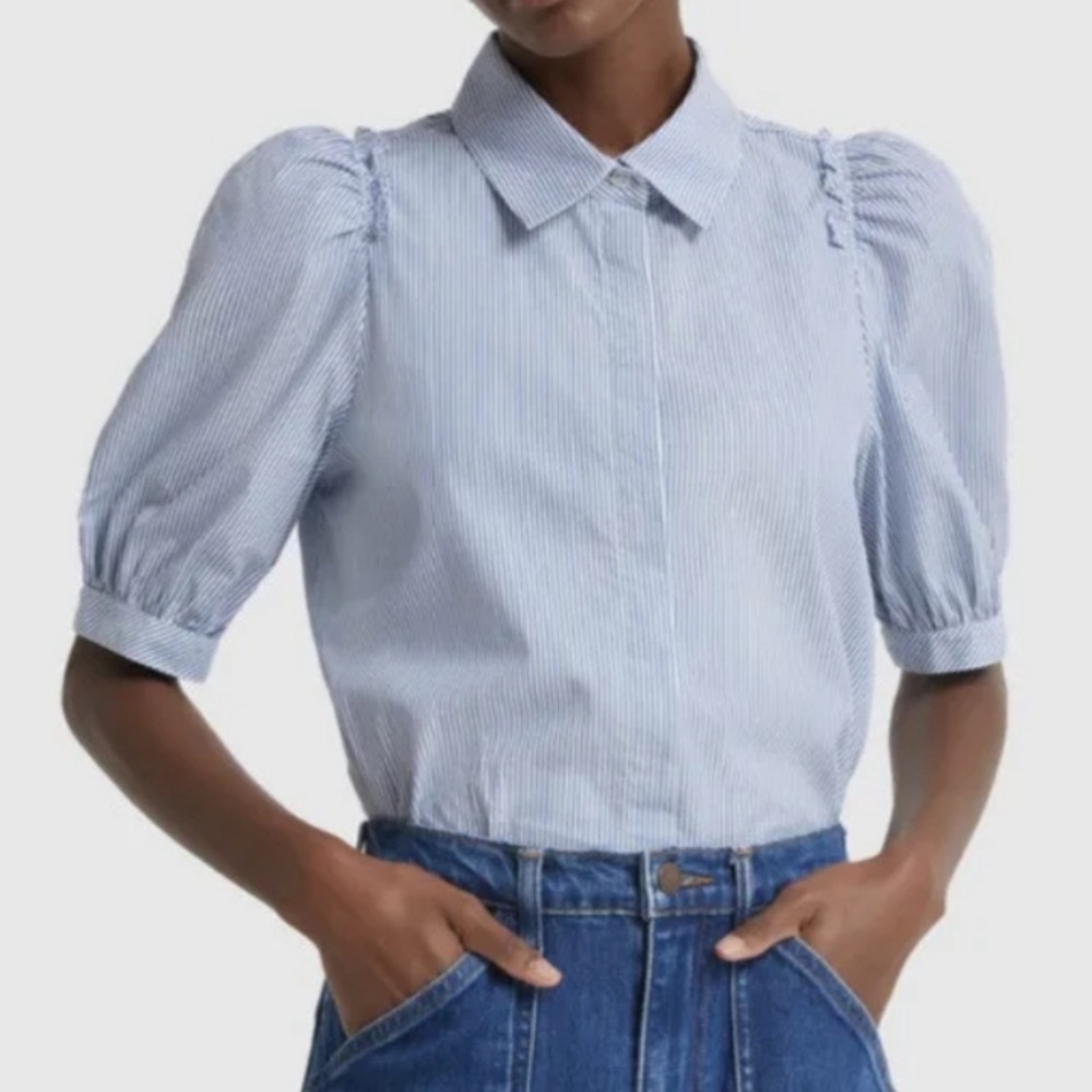 G. Label by Goop Nicole Puff Sleeve Button Down Blue White Stripe Blouse Size 10